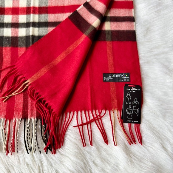 Cashmink Red Plaid Fringe Scarf Soft Lightweight Winter Wrap - Picture 6 of 10